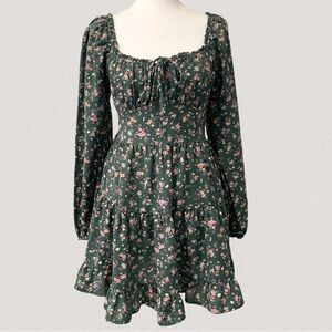 Floral Green Milkmaid Long Sleeve Dress